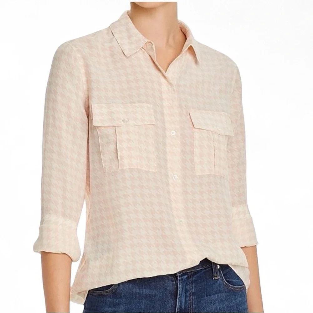 Rails Womens Rhett Button Front Shirt 100% Silk Blush Ivory Houndstooth Medium